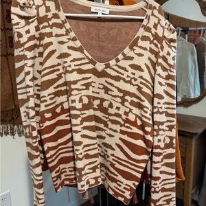 Another Love Brown and Cream Patterned V-Neck Sweater